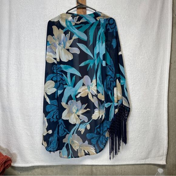 Zara Navy Blue & Blue Floral Print Fringe Cardigan Kimono Size L - Picture 5 of 9